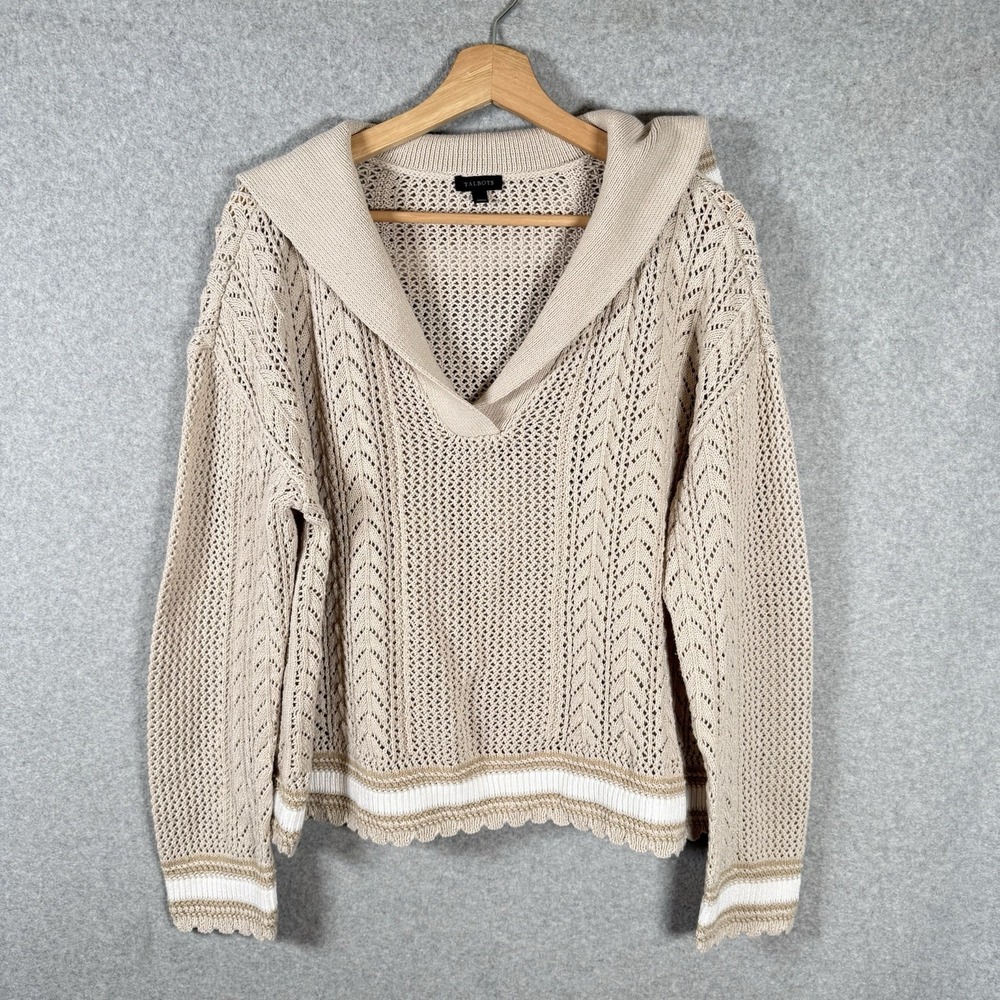 Talbots Sailor Sweater Womens Large Beige Cotton Pullover Open Knit
